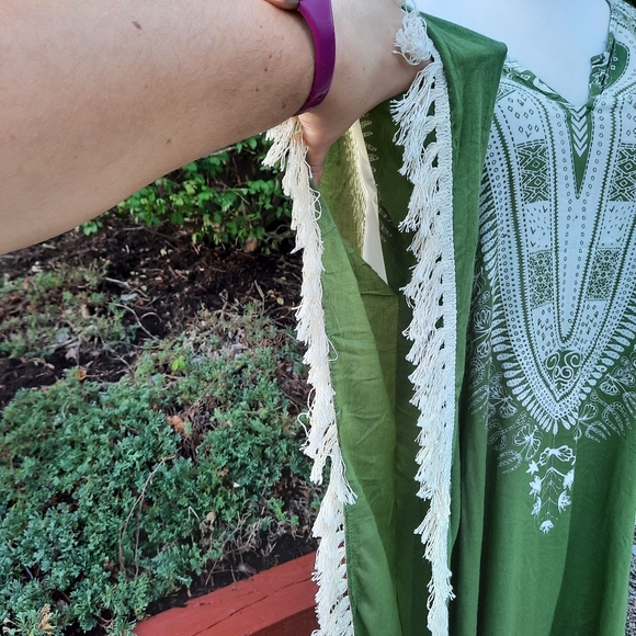 Bohemian Fringe Tribal Print Midi Length Poncho Caftan Kimono Cover Up NEW OS - Picture 11 of 13